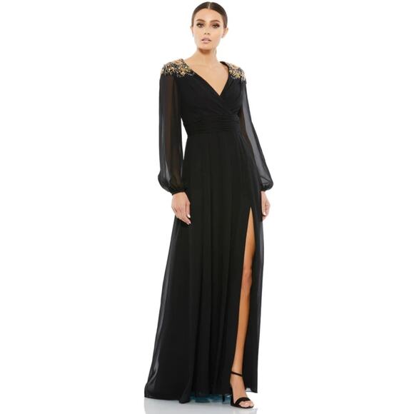 NEW Ieena For Mac Duggal Black Embellished Bead Shoulder Blouson Sleeve Gown - Picture 1 of 14